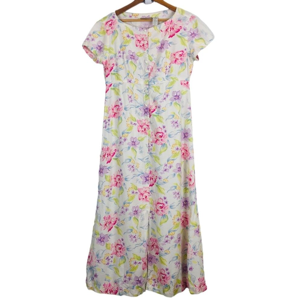 Vtg Liz Claiborne Women's Midi Dress Sz 4 Floral Linen Blend Button Front Cottag